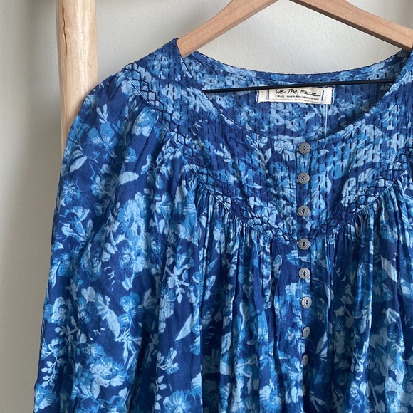 Free People Cool Meadow Blue Printed Peasant Blouse Sz Small NWT - Picture 4 of 8